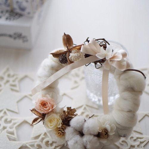 プリザーブドフラワー羊毛ピュアホワイト☆クリスマスリース 16cm