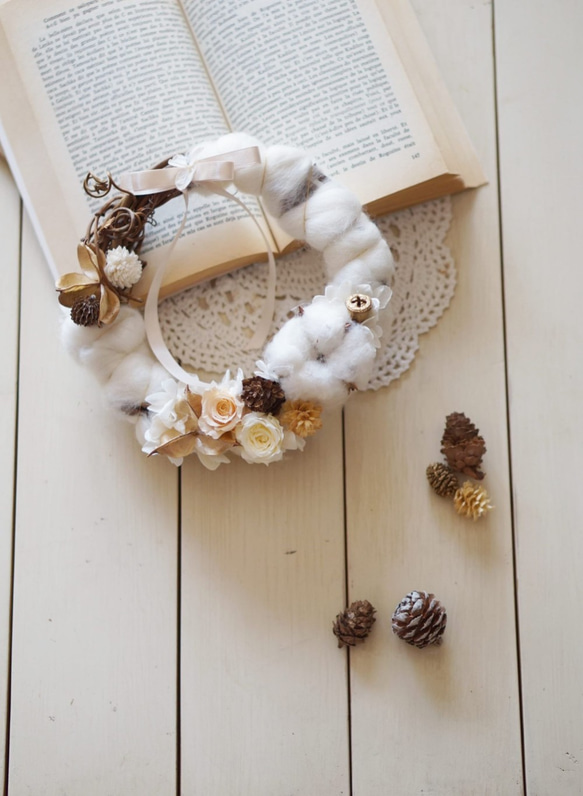 プリザーブドフラワー羊毛ピュアホワイト☆クリスマスリース 16cm