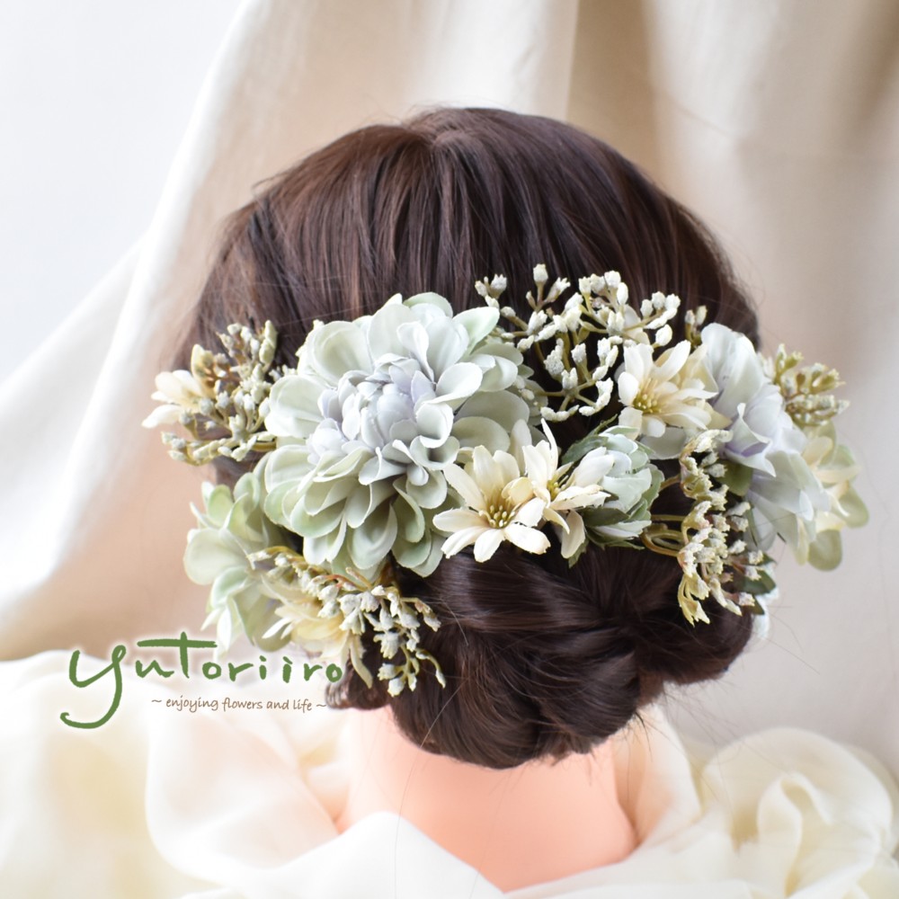 くすみグリーンダリアとデイジーのヘッドドレス