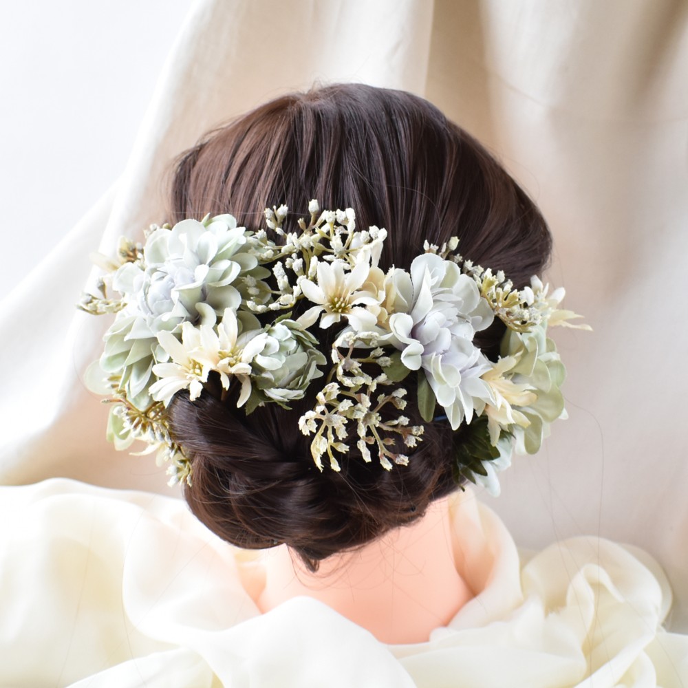 くすみグリーンダリアとデイジーのヘッドドレス