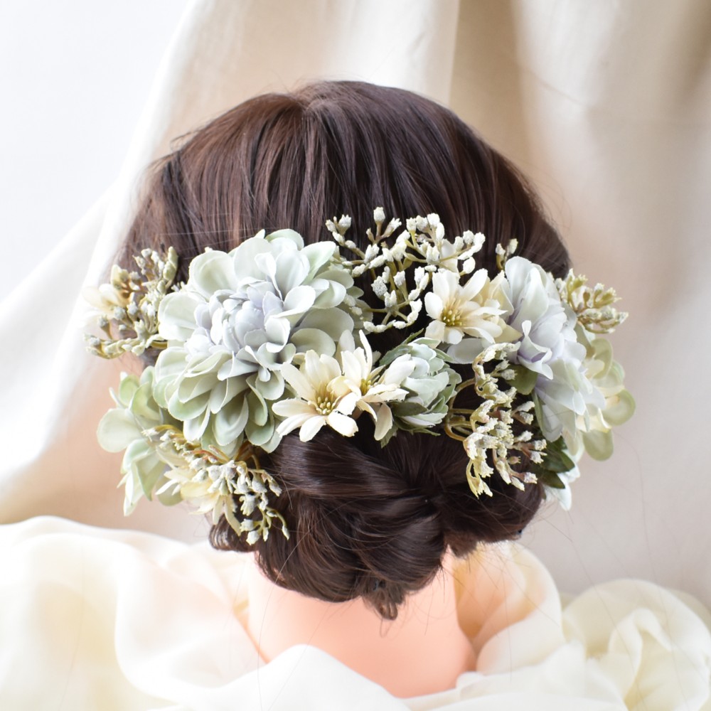 くすみグリーンダリアとデイジーのヘッドドレス