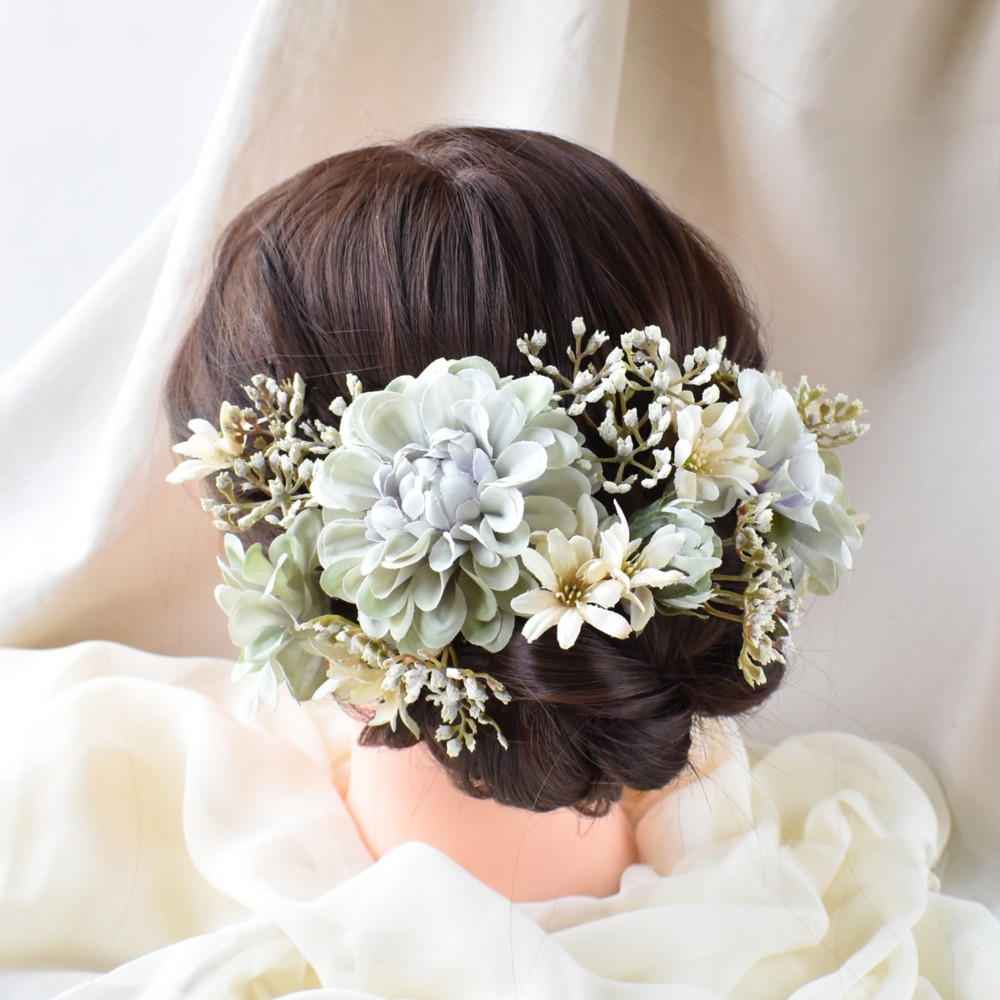 くすみグリーンダリアとデイジーのヘッドドレス