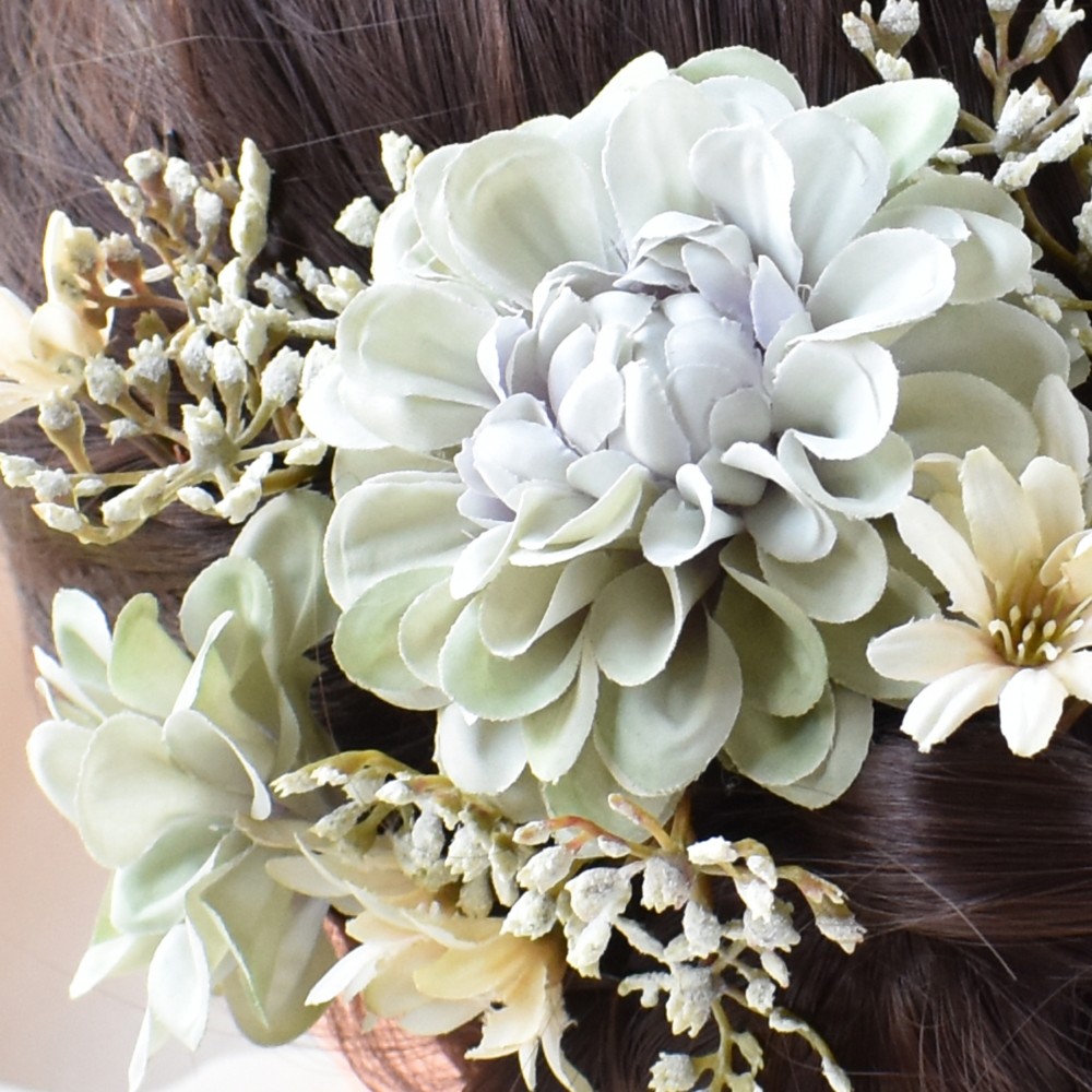 くすみグリーンダリアとデイジーのヘッドドレス