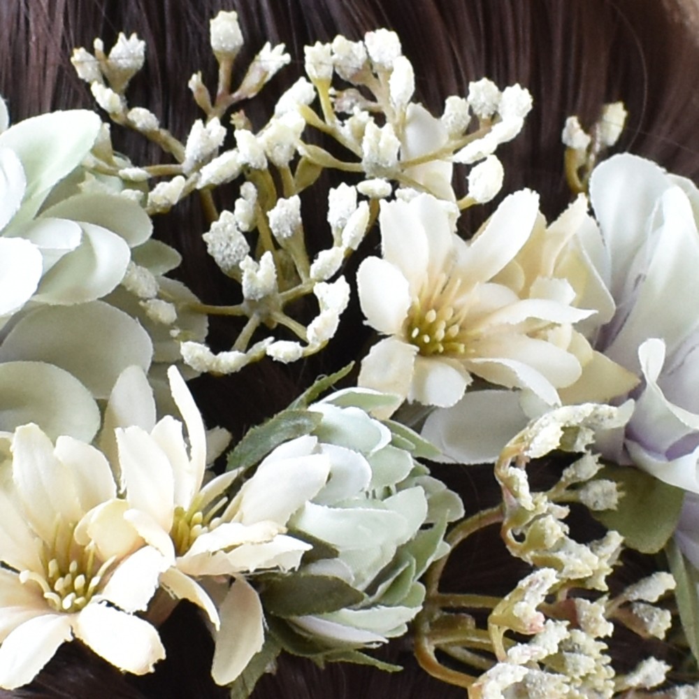 くすみグリーンダリアとデイジーのヘッドドレス