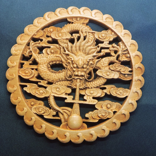 威龍戯珠 26.5cm（龍・竜・雲) 参次元細密彫刻『雅』透かし彫 楠彫刻