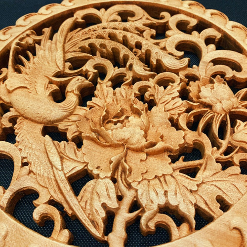 全ての 鳳凰牡丹 26.5cm（ほうおう・ぼたん) 参次元彫刻『雅』 透かし彫 彫刻・オブジェ
