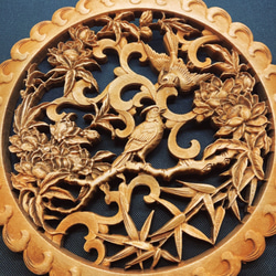 売れ筋新商品 竹花小鳥 透かし彫 参次元彫刻『雅』 26.5cm（竹・花・カササギ) 彫刻・オブジェ