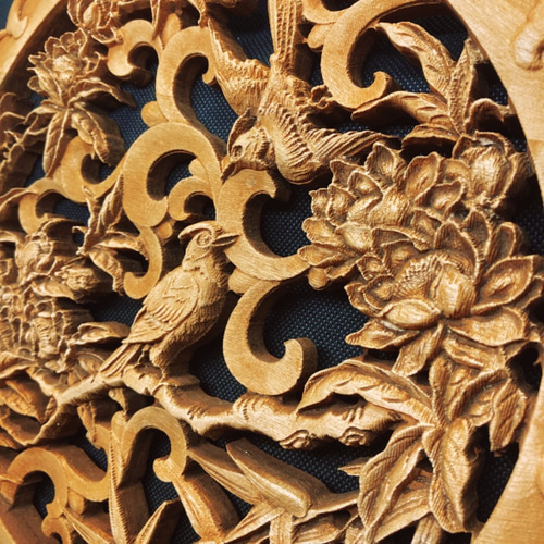 竹花小鳥 26.5cm（竹・花・カササギ) 参次元彫刻『雅』 透かし彫