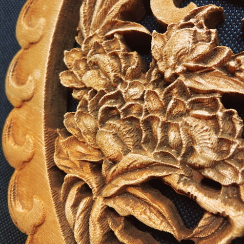 竹花小鳥 26.5cm（竹・花・カササギ) 参次元彫刻『雅』 透かし彫
