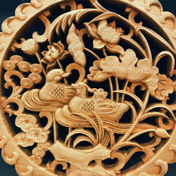 鴛鴦貴子 26.5cm（おしどり・蓮・水草) 参次元彫刻『雅』 透かし