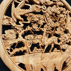 福禄寿喜 26.5cm（鹿・鶴・松・蝙蝠） 参次元彫刻『雅』 透かし彫 楠彫刻 11枚目の画像