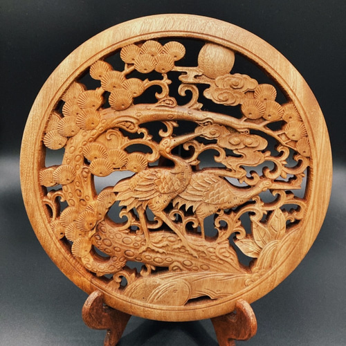 松鶴延年 26.5cm(鶴・松) 参次元彫刻『雅』 透かし彫 楠彫刻 松鶴延年 26.5cm(鶴・松) 参次元彫刻『雅』 透かし彫 楠彫刻