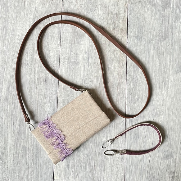 バッグのように使えるスマホケース　「遠州織物」アップサイクル　パープル　落下防止 5枚目の画像