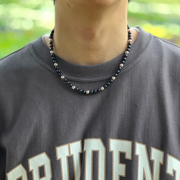 6mm ブラック パールネックレス ワンポイント シルバーパール メンズ