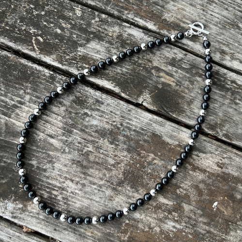 6mm ブラック パールネックレス ワンポイント シルバーパール