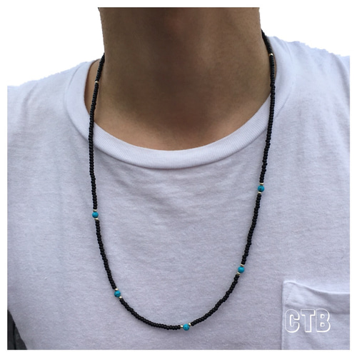 ターコイズ MIX ビーズネックレス 黒 60cm 3mmビーズ ブラック メンズ