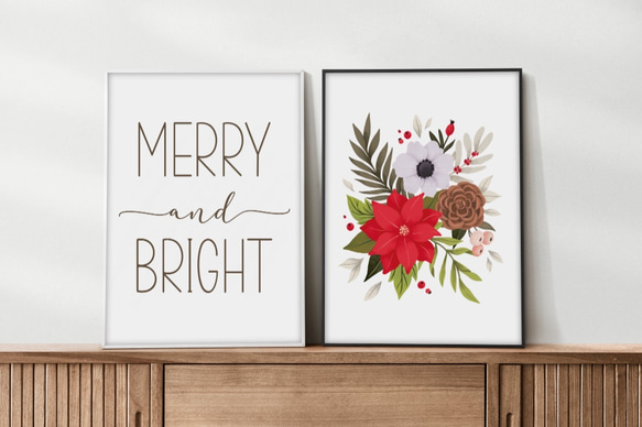 クリスマスポスターA4 2枚セット/Merry and bright/ウィンターフラワーアート 1枚目の画像