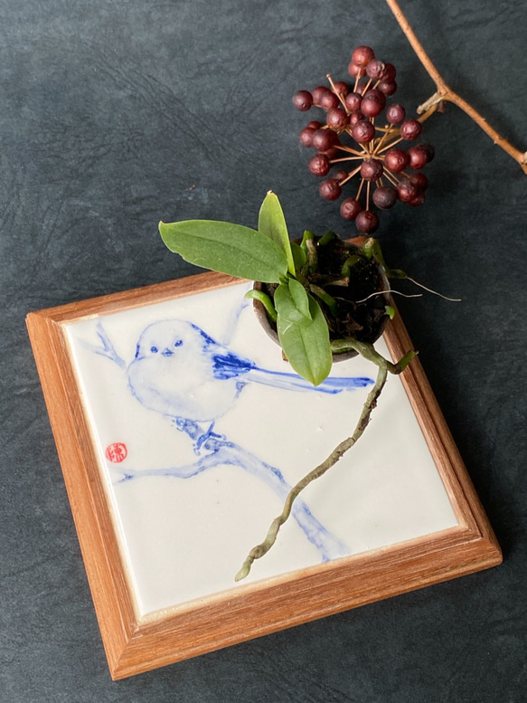 日本檜木實木框彩磁磚畫杯墊【五彩橡實系列】(不含底座) 第5張的照片