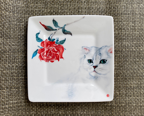 手繪6吋釉下五彩瓷方盤。布偶貓、金吉拉、虎斑貓 第2張的照片