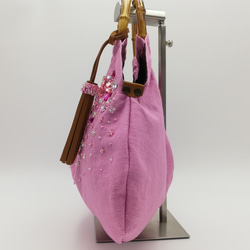 『桜ハンドメイド2019』バンブー持ち手のグラニーバッグ　さくら色 5枚目の画像