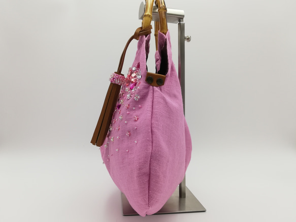 『桜ハンドメイド2019』バンブー持ち手のグラニーバッグ　さくら色 5枚目の画像
