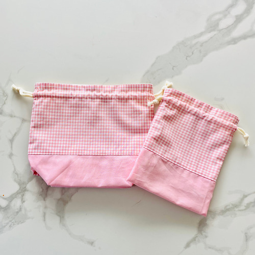 受注生産】ピンクチェック お弁当袋&コップ袋 弁当袋 atelier coco