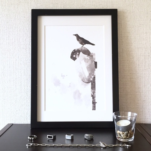 カラスとカーブミラー A4判 モノクロアートポスター イラスト