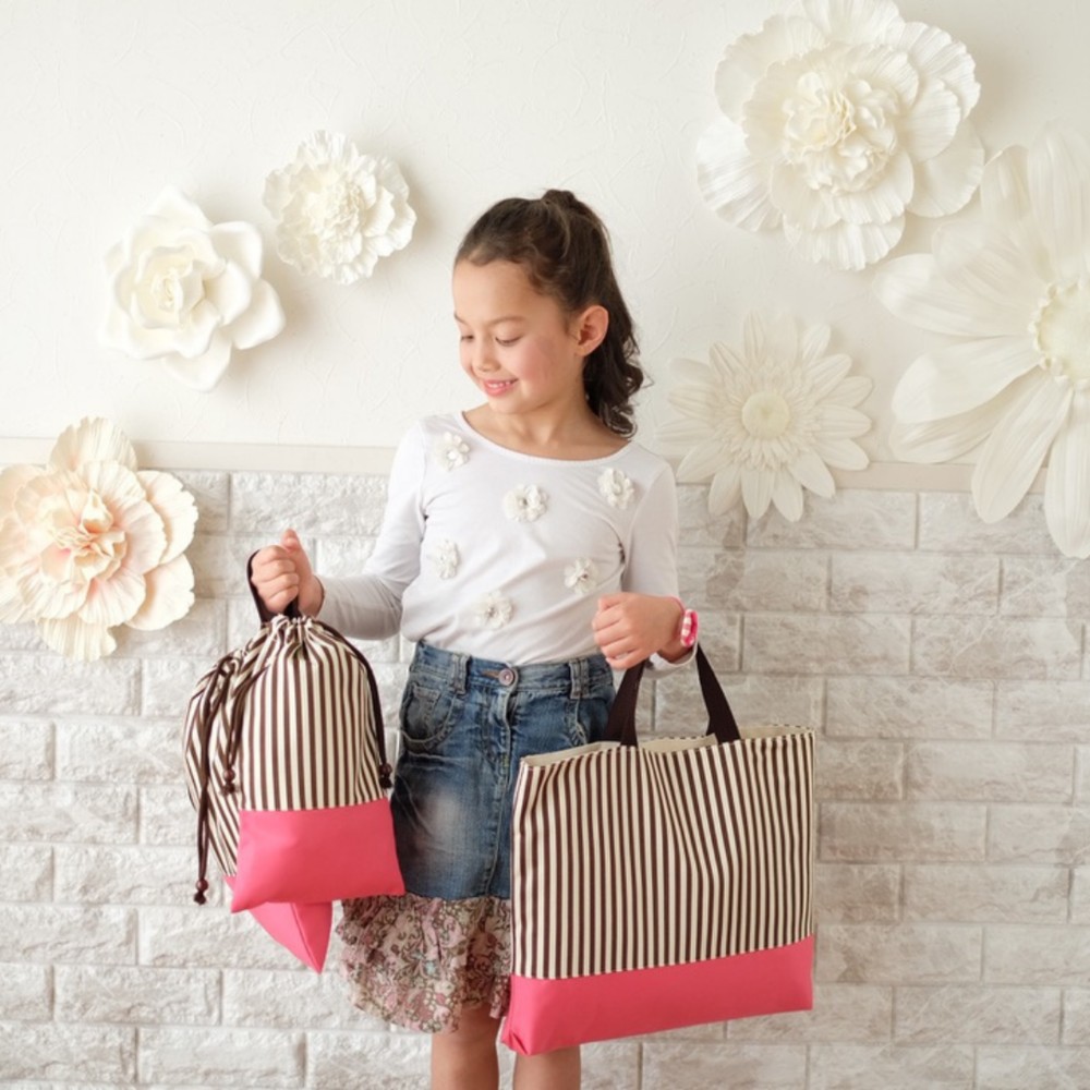 シンプルで長く使える！入園入学準備セット_ブラウンストライプxピンク
