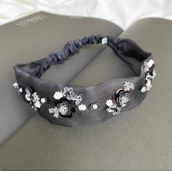 シルクオーガンジーヘアバンド no.2 オートクチュールビーズ刺繍