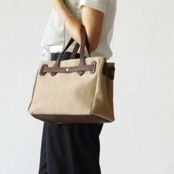 亞麻激光皮帶袋/麻手提袋通勤袋女士包伯金風格 第1張的照片