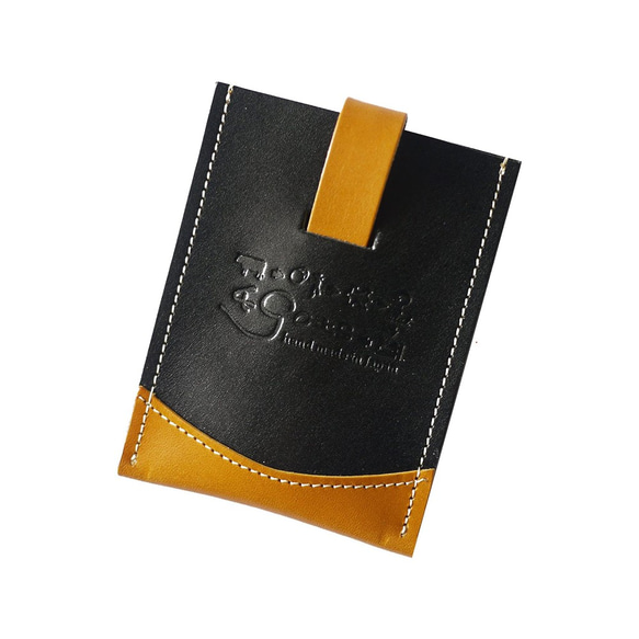 【ヌメ革 定期入れ 】引っ張るレザーカードケース 定期ポケット付き クアトロガッツ FVTブラック×FVTキャメル 1枚目の画像