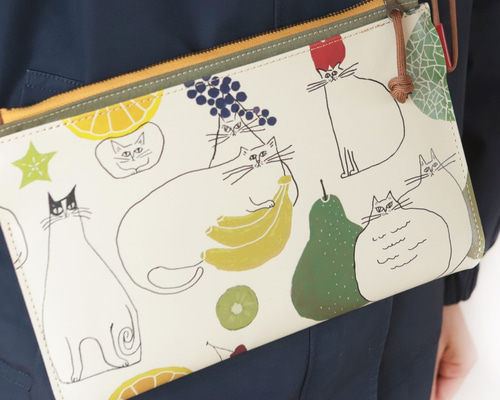小さいかばん】オールレザーシリーズ YOSHIDAKE 「猫と果実」白