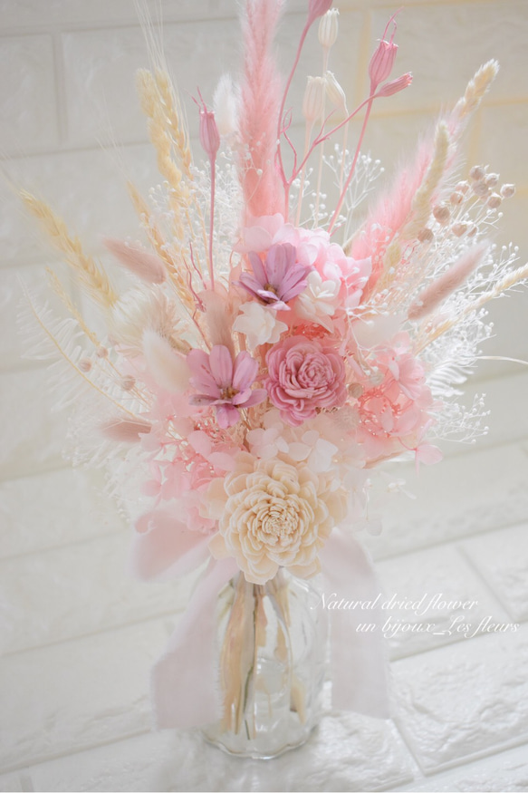 ふわふわピンク色 ドライフラワー ブーケ スワッグ ドライ