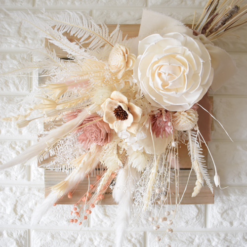 ホワイト&モーブピンク ドライフラワー ウェディングブーケ ドレス 白