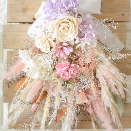 ウェディングブーケ　ドライフラワー　パンパスグラス 送料無料・ドライフラワー風ブライダルブーケA】 秋冬の結婚式や二次会