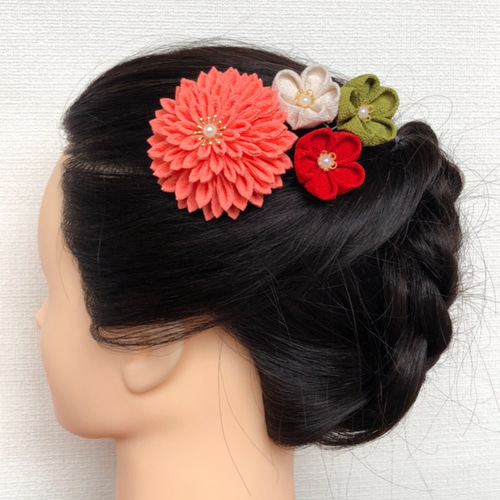 つまみ細工 髪飾り オレンジ 白 緑 赤 その他ヘアアクセサリー