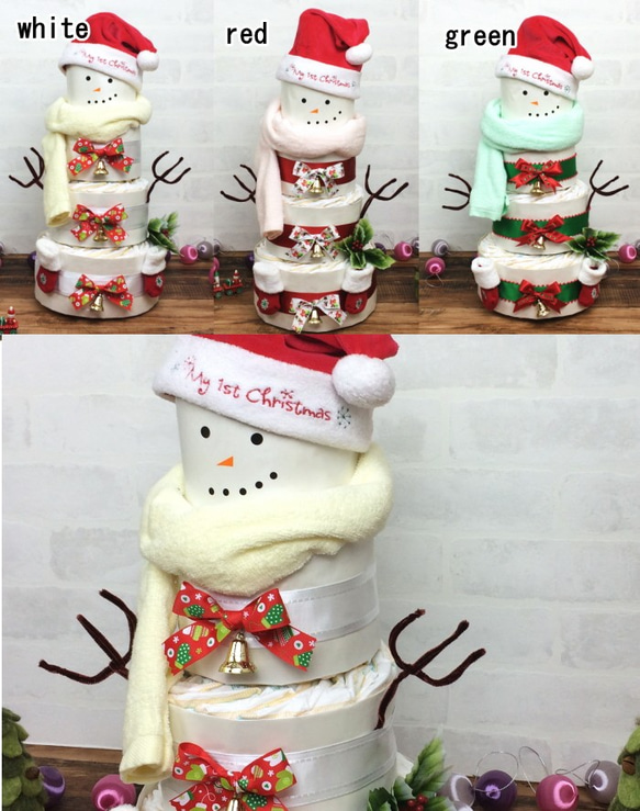 スノーマン　４段おむつケーキ クリスマスの期間限定　出産祝いや誕生日祝いに！ 3枚目の画像