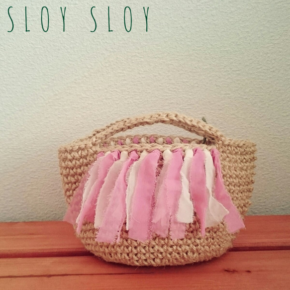 (pink&ivory)裂きシフォンフリンジのミニ麻バッグ 1枚目の画像