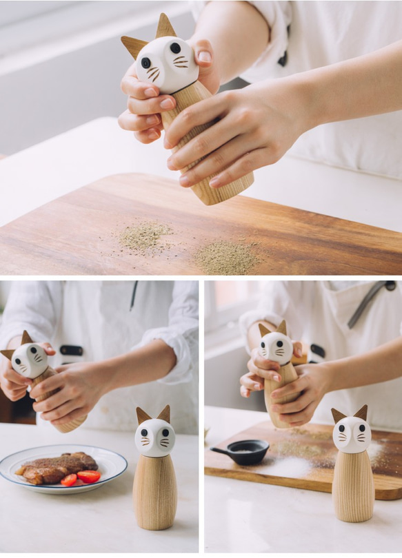 猫胡椒挽き器キッチンマニュアル挽きたての胡椒、ごま、海塩、木製黒胡椒挽き器 9枚目の画像