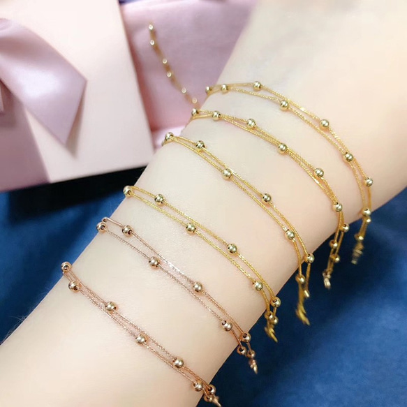 18K金満天星ダブルデッキブレスレット3mmゴールドビーズAU750