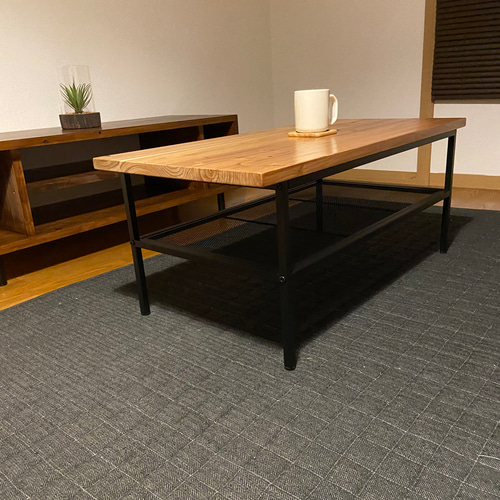 アイアンフレームのローテーブル 棚付 900×450×380mm ローテーブル 