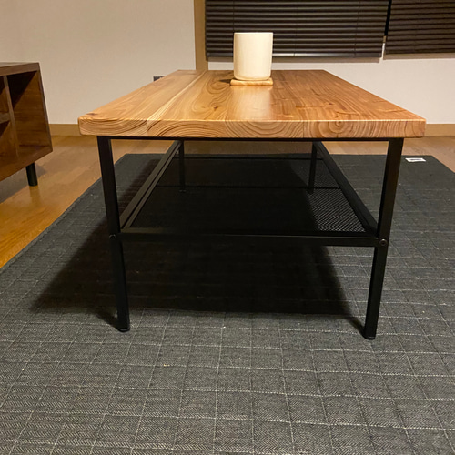 アイアンフレームのローテーブル 棚付 900×450×380mm ローテーブル 