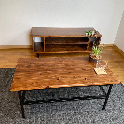 金属フレーム テーブル　アイアン家具 アイアンフレームのローテーブル 棚付 900×450×380mm ローテーブル