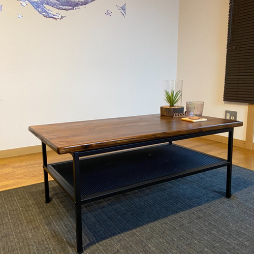アイアンフレームのローテーブル 棚付 900×450×380mm エボニーツヤ有 