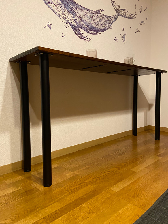カウンターテーブル　アイアン脚　カフェテーブル　1600×400×Bタイプ(784〜814)mm エボニーツヤ無 4枚目の画像