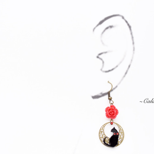 ☆❤️ 薔薇猫黒ネコりぼんピアスイヤリングハンドメイド