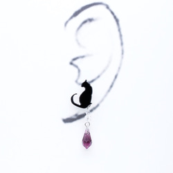 2wayシルエット黒猫の紫パープルスワロドロップピアス/イヤリング　(メッキアレルギー対応 SV925ピアスに変更可) 3枚目の画像
