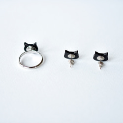 猫顔のシルバージュエリーセット/ピアス or イヤリング/ ネックレス / 指輪 4枚目の画像