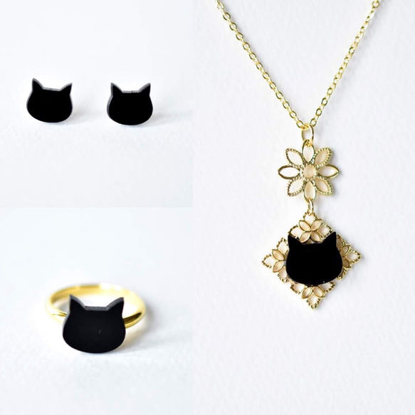 猫顔のゴールドジュエリーセット/ピアス or イヤリング/ ネックレス / 指輪 1枚目の画像