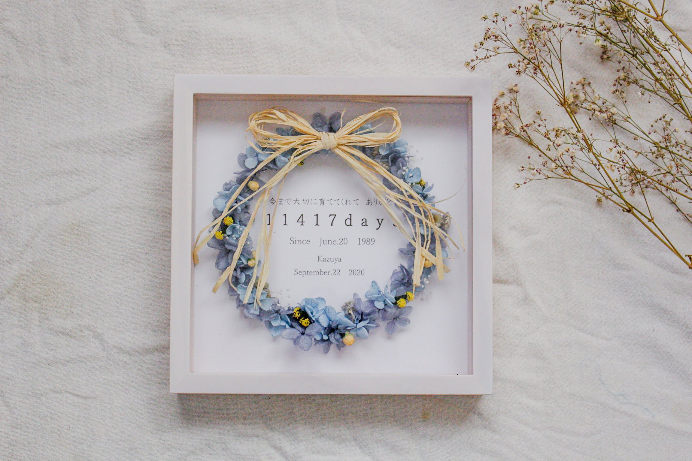両親贈呈品ボックスアレンジ ウェルカムボード リースタイプ　ブルー系（blue ）